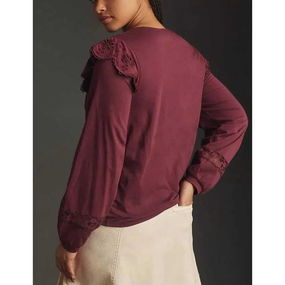 Anthropologie Tiny Top Womens Small Long-Sleeve Crescent Ruffled Lace Blouse NWT